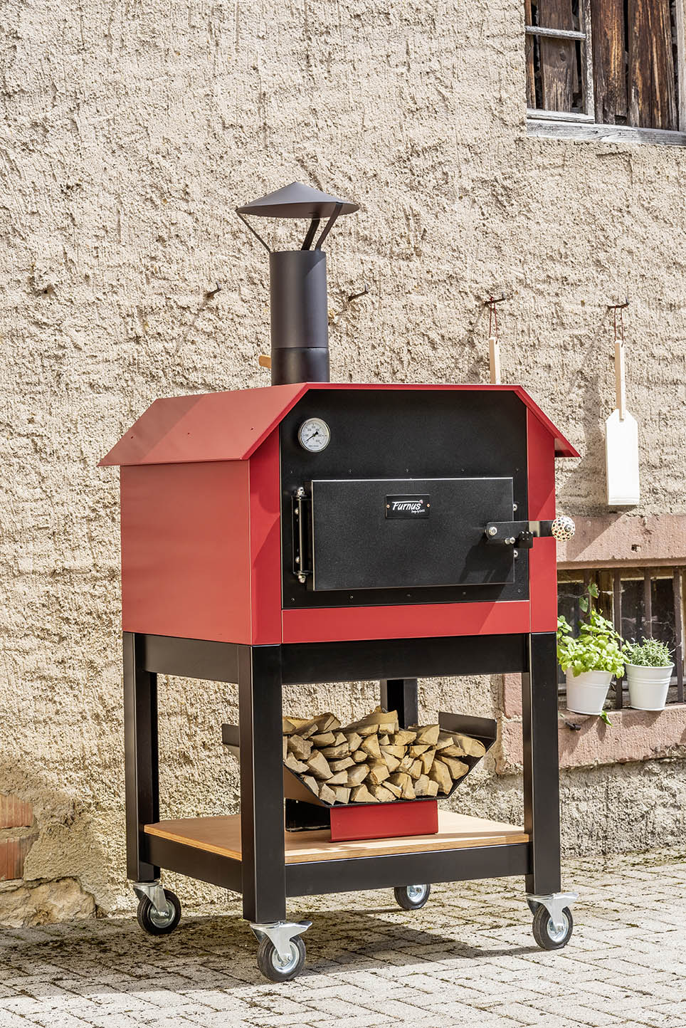 Furnus S10 Holzbackofen rot (inkl. Untergestell und Räder)